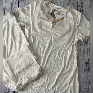 Amoena Modal Lace Trim Cameo Pj Set Post Mastectomy W/shelf Bra Ivory Size M